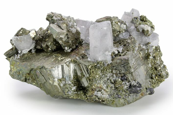 Columnar Calcite with Quartz Crystals and Pyrite - Fluorescent! #360644
